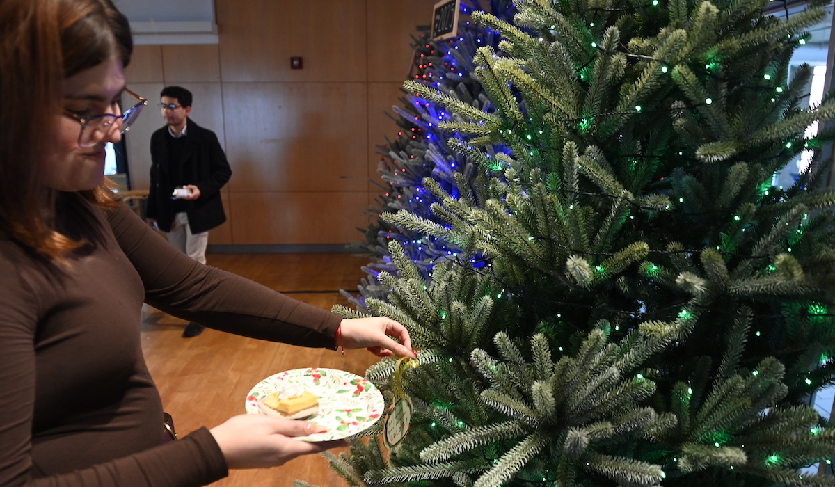 Student decorating a Christmas tree