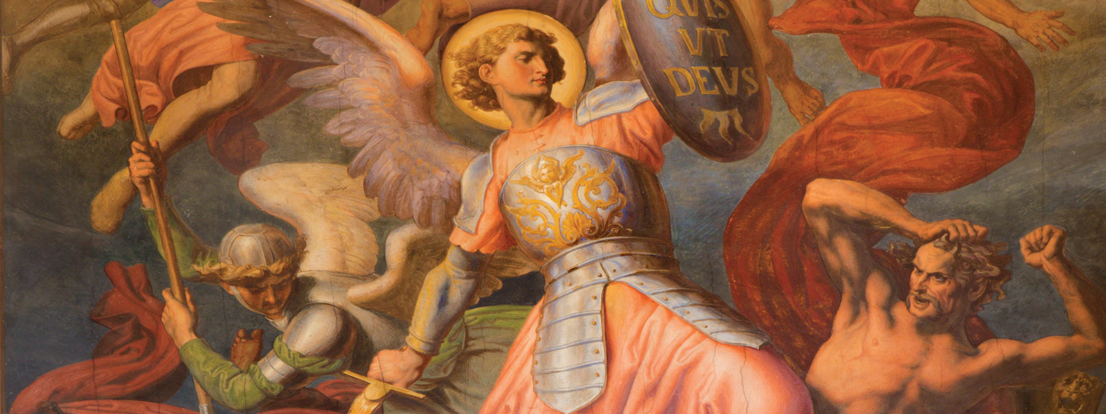 Painting of angel fighting with sword and shield